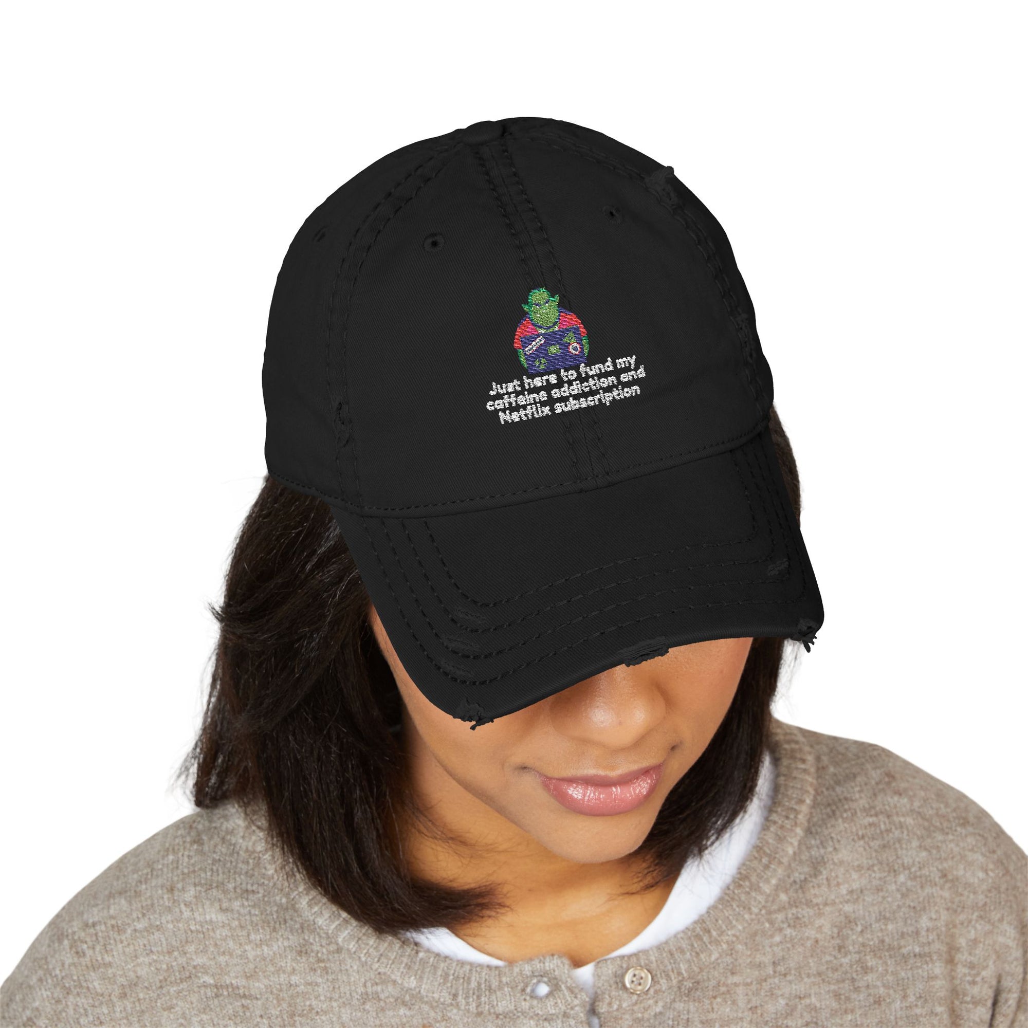 Fun Distressed Dad Hat - Caffeine Addiction & Netflix Subscription Embroidery