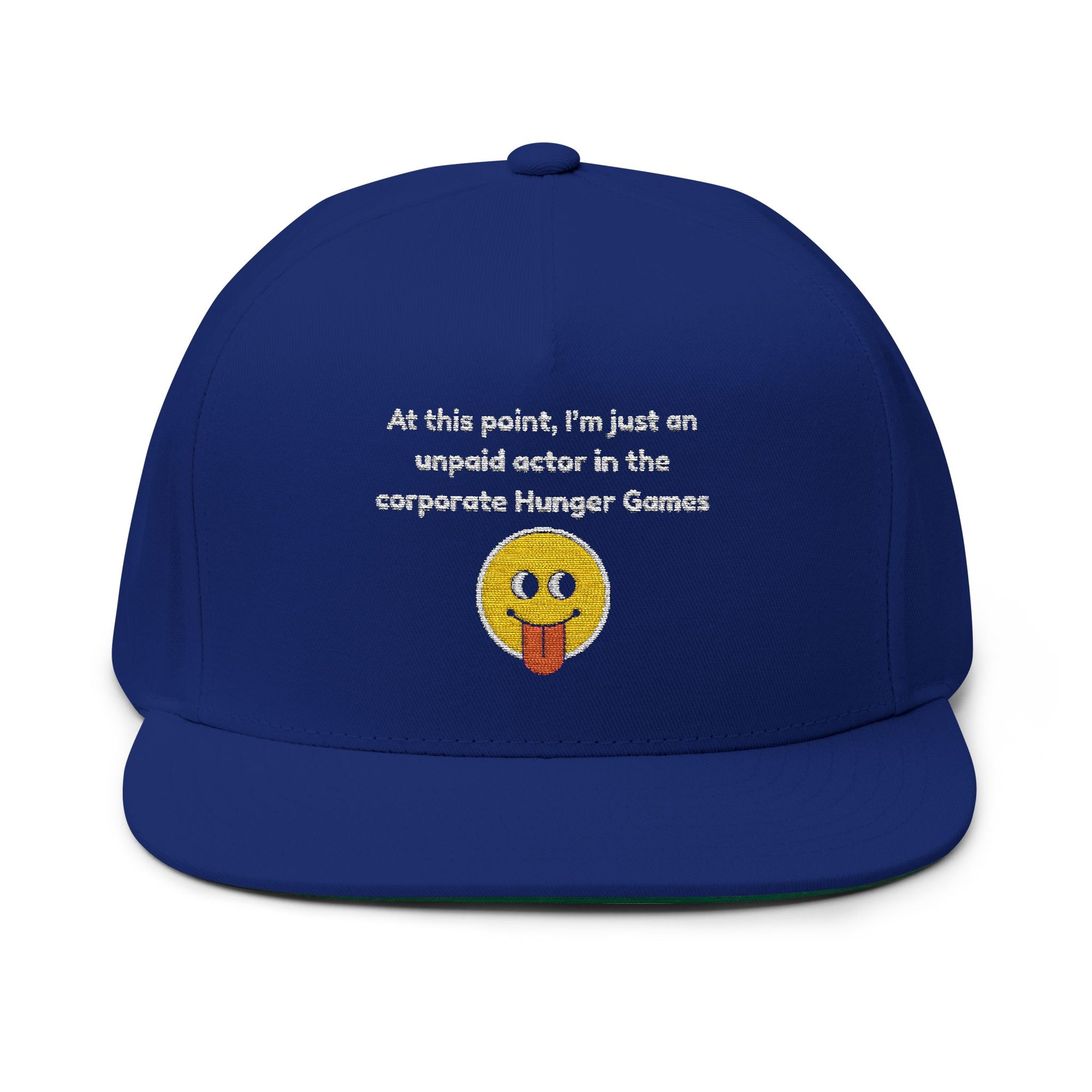 Funny Embroidered Flat Bill Cap - "Unpaid Actor in Corporate Hunger Games"